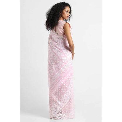Via East Blush Pink Cotton Jamdani Saree with Unstitched Blouse