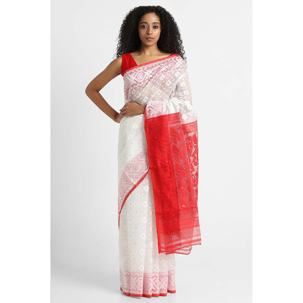 Via East White Cotton Jamdani Saree with Unstitched Blouse