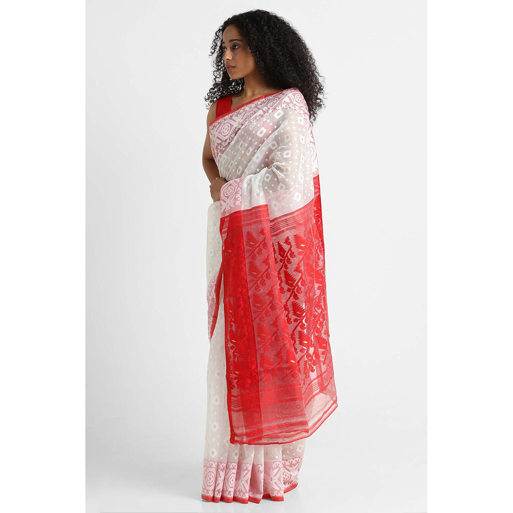 Via East White Cotton Jamdani Saree with Unstitched Blouse