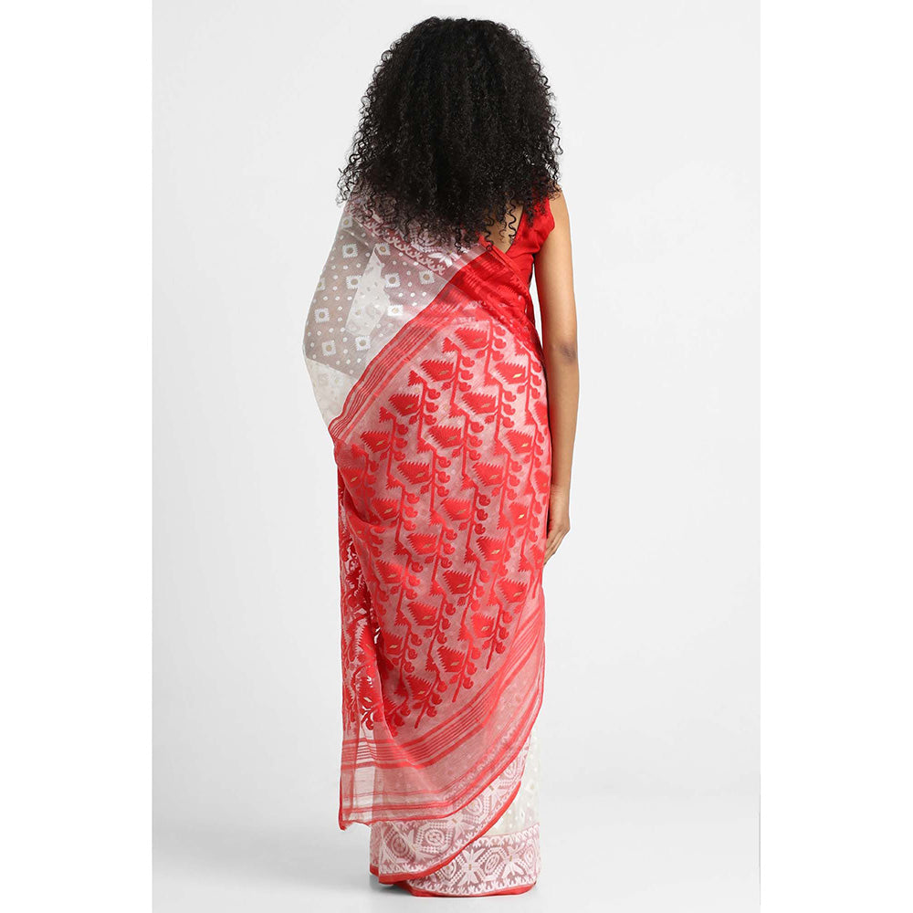 Via East White Cotton Jamdani Saree with Unstitched Blouse