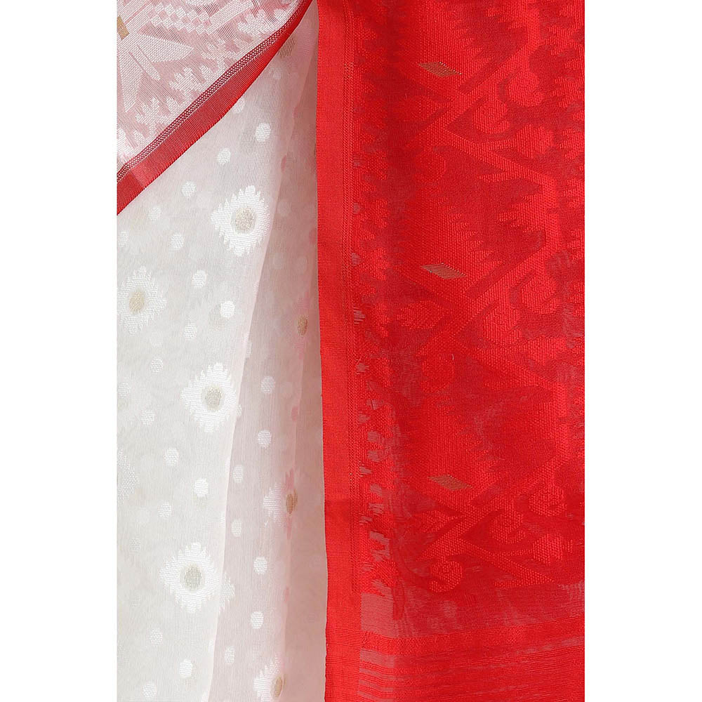 Via East White Cotton Jamdani Saree with Unstitched Blouse