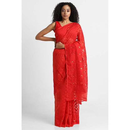 Via East Red Cotton Jamdani Saree with Unstitched Blouse