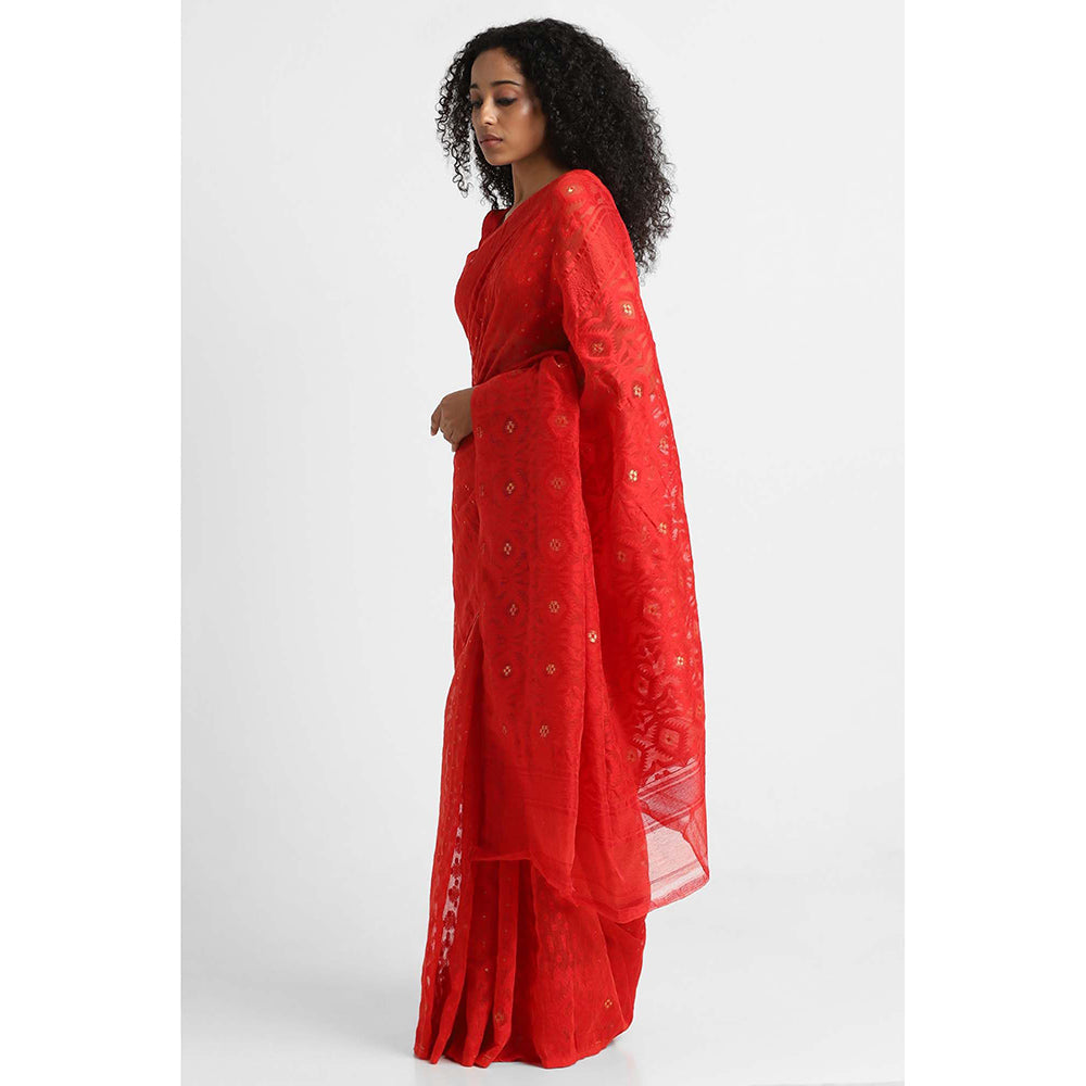 Via East Red Cotton Jamdani Saree with Unstitched Blouse