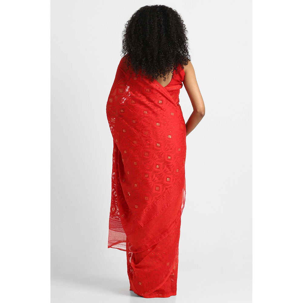 Via East Red Cotton Jamdani Saree with Unstitched Blouse