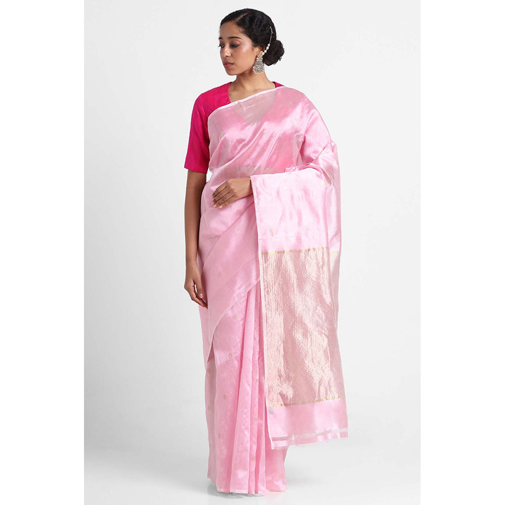 Via East Powder Pink Silk Chanderi Booti Saree with Unstitched Blouse