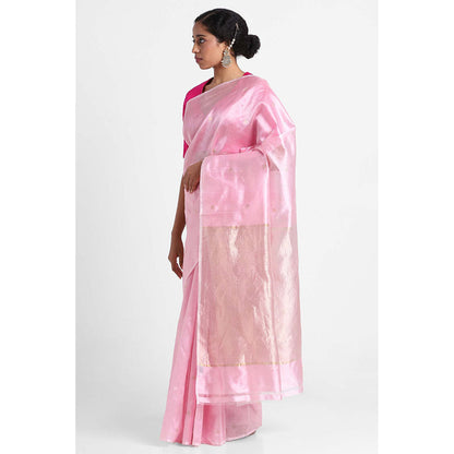 Via East Powder Pink Silk Chanderi Booti Saree with Unstitched Blouse