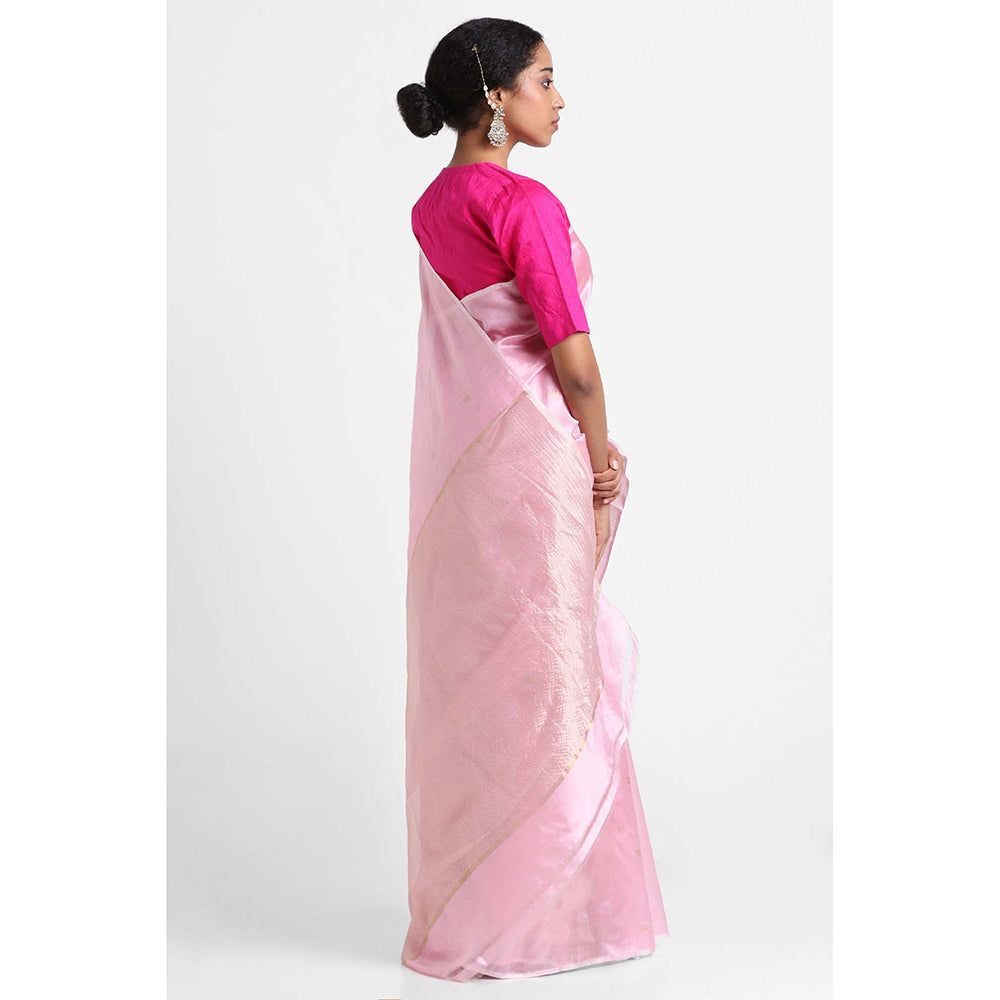 Via East Powder Pink Silk Chanderi Booti Saree with Unstitched Blouse