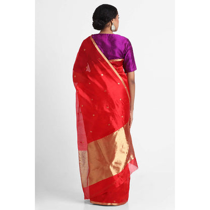 Via East Red Silk Chanderi Booti Saree with Unstitched Blouse