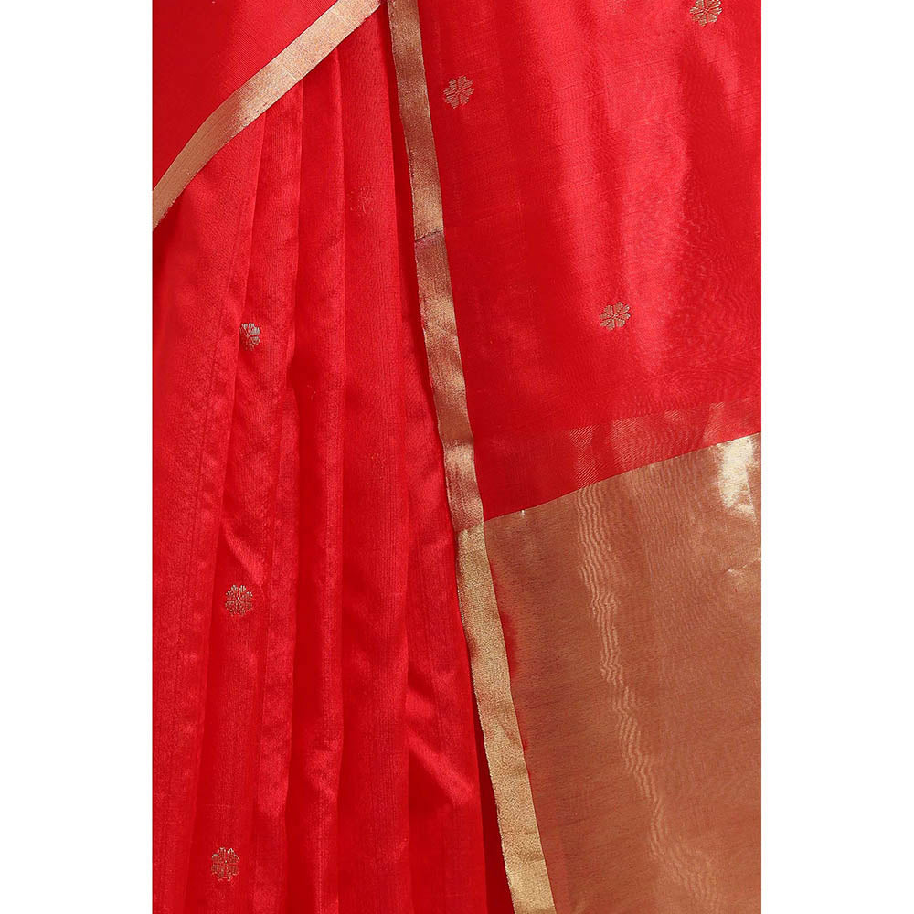 Via East Red Silk Chanderi Booti Saree with Unstitched Blouse