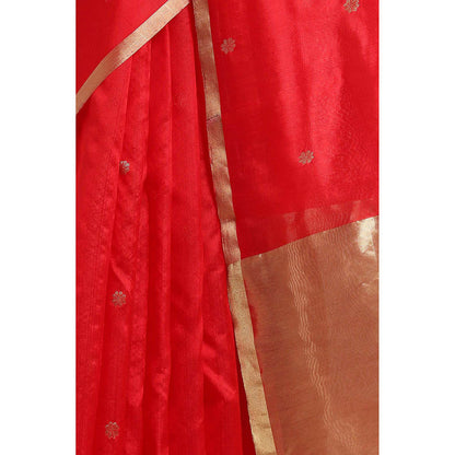 Via East Red Silk Chanderi Booti Saree with Unstitched Blouse