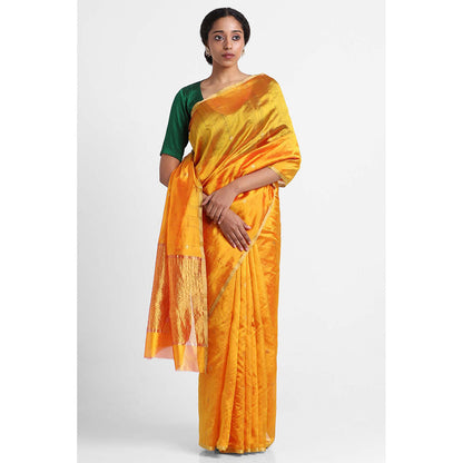 Via East Haldi Yellow Silk Chanderi Booti Saree with Unstitched Blouse