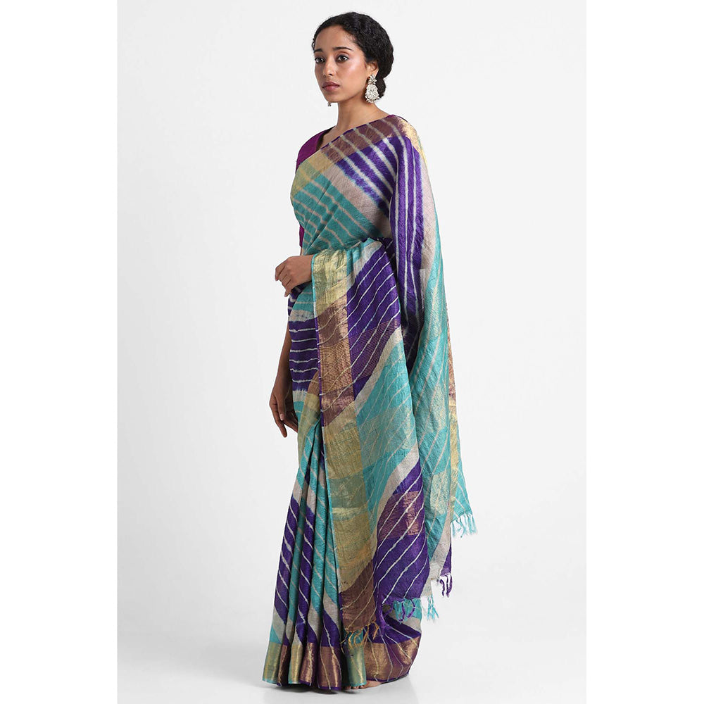 Via East Multicolour Tussar Silk Leheriya Saree with Unstitched Blouse
