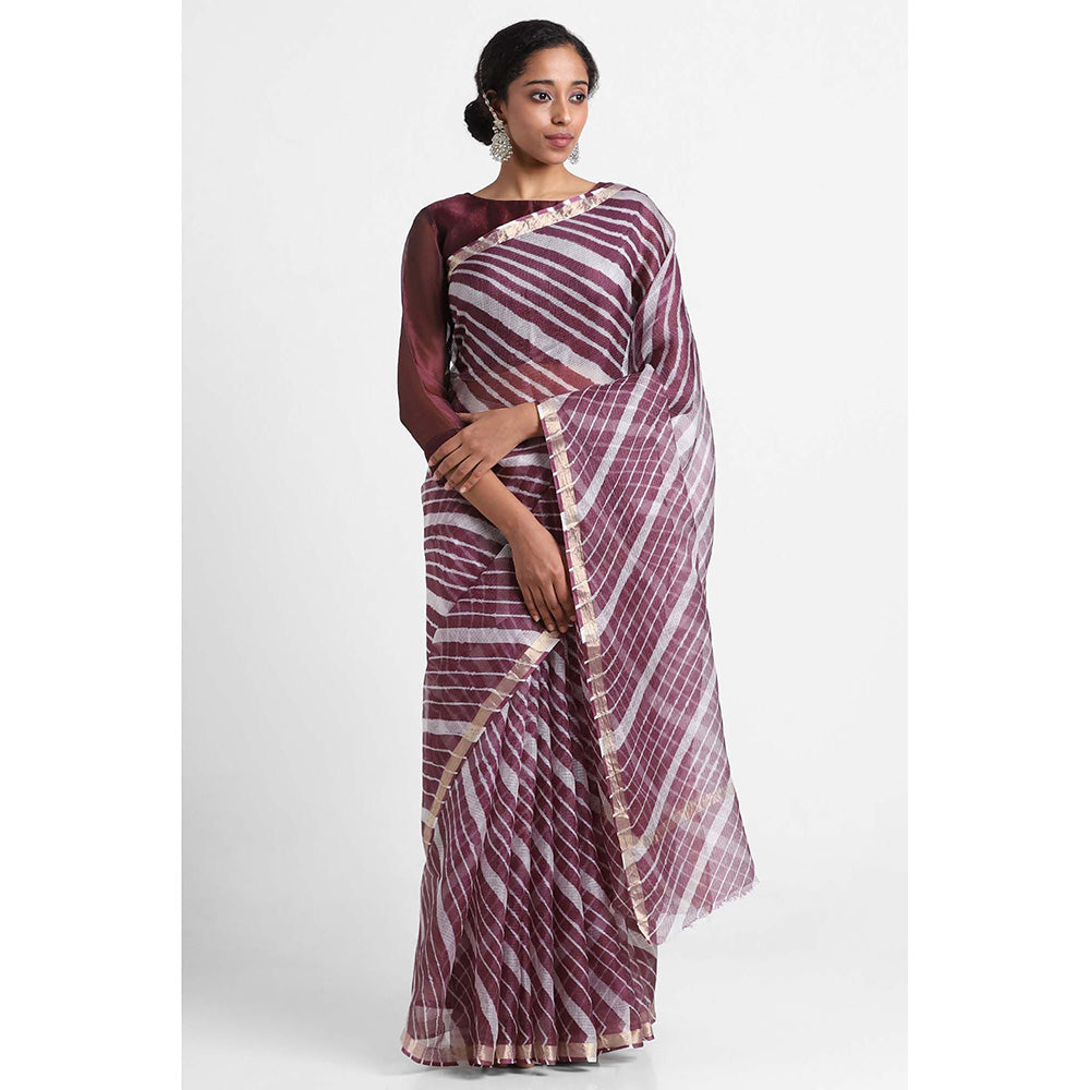 Via East Burgundy Kota Silk Leheriya Reva Saree with Unstitched Blouse