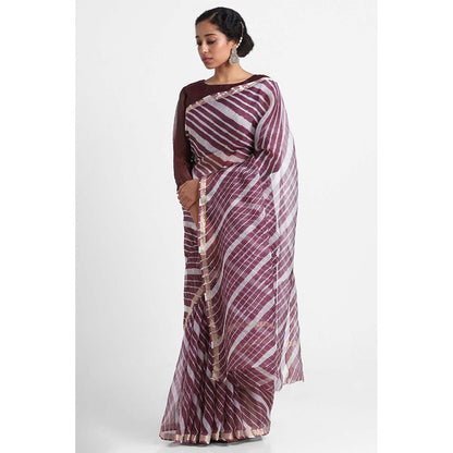 Via East Burgundy Kota Silk Leheriya Reva Saree with Unstitched Blouse