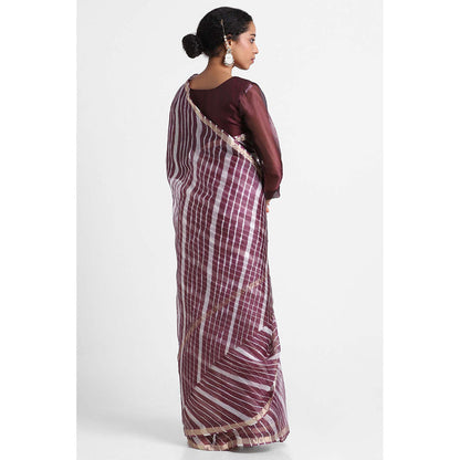 Via East Burgundy Kota Silk Leheriya Reva Saree with Unstitched Blouse