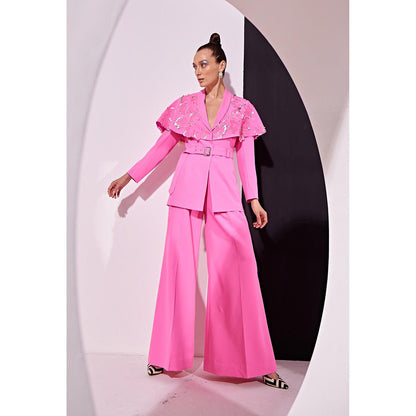 Vidhi Wadhwani Pink Gaia Capelet Pant with Blazer and Belt (Set of 3)