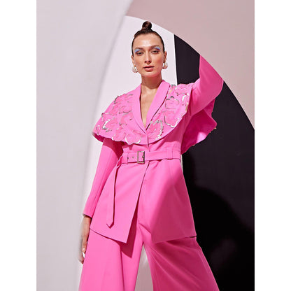 Vidhi Wadhwani Pink Gaia Capelet Pant with Blazer and Belt (Set of 3)