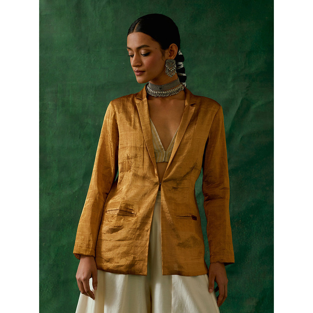 Vinusto Gold Silk Jacket With Crop Top And Palazzo (Set of 3)