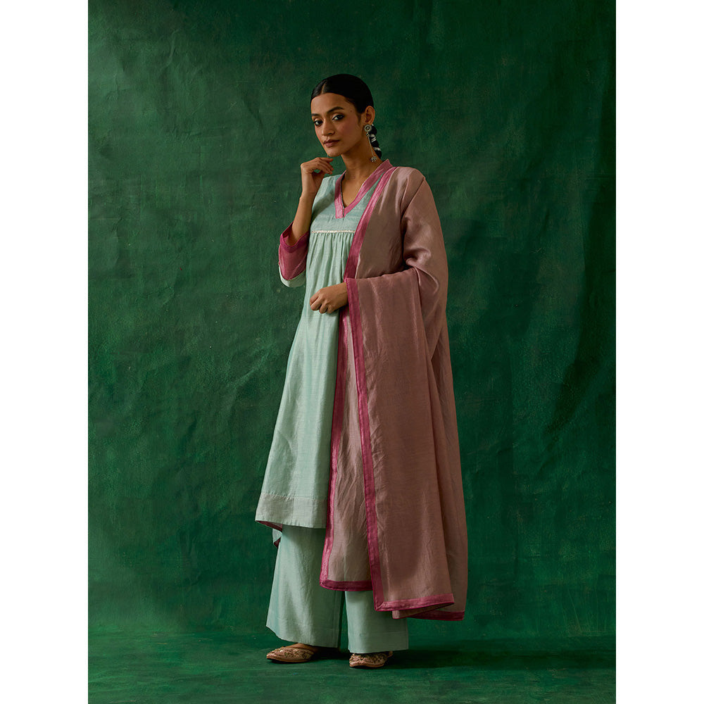 Vinusto Mint Green Kurta With Chanderi Dupatta And Palazzo (Set of 3)