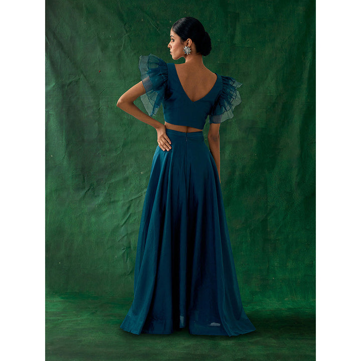 Vinusto Chanderi Handloom Skirt With Ruffle Top In Teal (Set of 2)