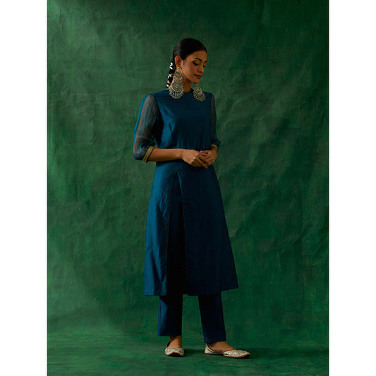 Vinusto Teal Blue Chanderi Handloom Kurta With Pant (Set of 2)