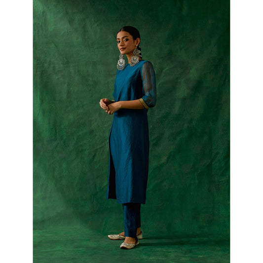 Vinusto Teal Blue Chanderi Handloom Kurta With Pant (Set of 2)
