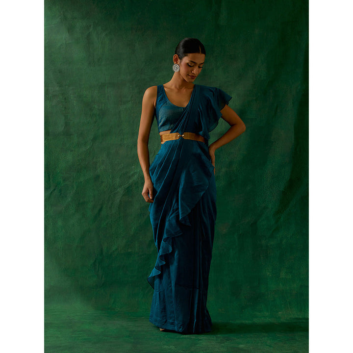 Vinusto Teal Ready To Wear Ruffled Saree with Stitched Blouse And Belt