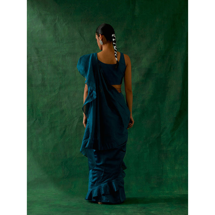 Vinusto Teal Ready To Wear Ruffled Saree with Stitched Blouse And Belt