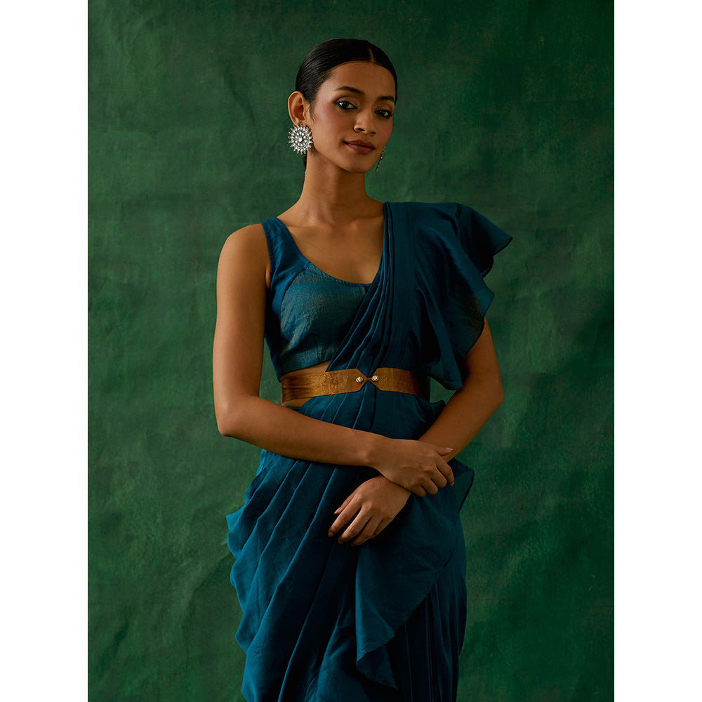 Vinusto Teal Ready To Wear Ruffled Saree with Stitched Blouse And Belt