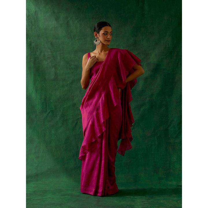 Vinusto Ready To Wear Ruffled Saree with Stitched Blouse In Hot Pink