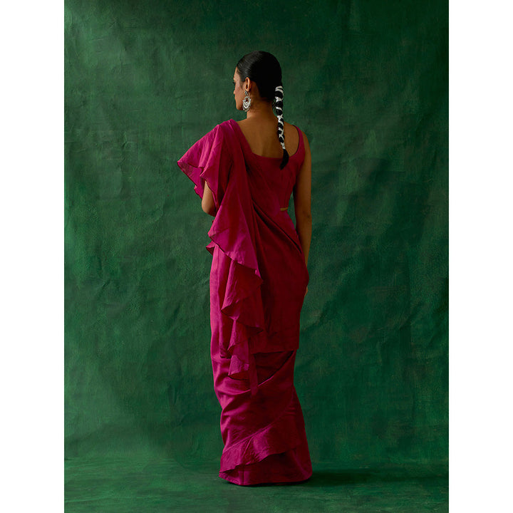 Vinusto Ready To Wear Ruffled Saree with Stitched Blouse In Hot Pink