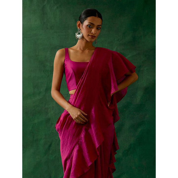 Vinusto Ready To Wear Ruffled Saree with Stitched Blouse In Hot Pink