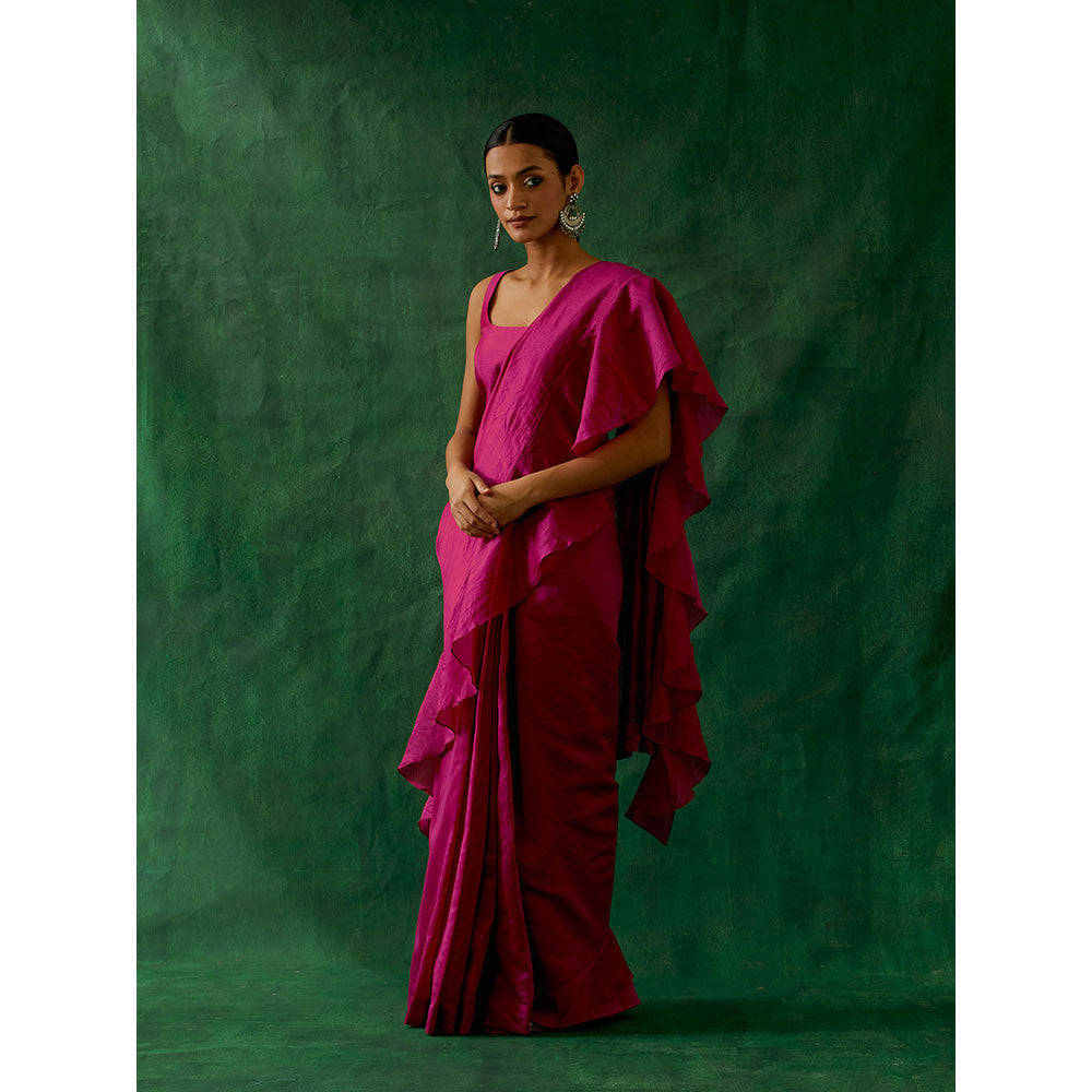 Vinusto Ready To Wear Ruffled Saree with Stitched Blouse In Hot Pink