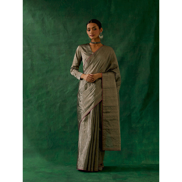 Vinusto Handcrafted Silver Zari Silk Saree with Stitched Blouse