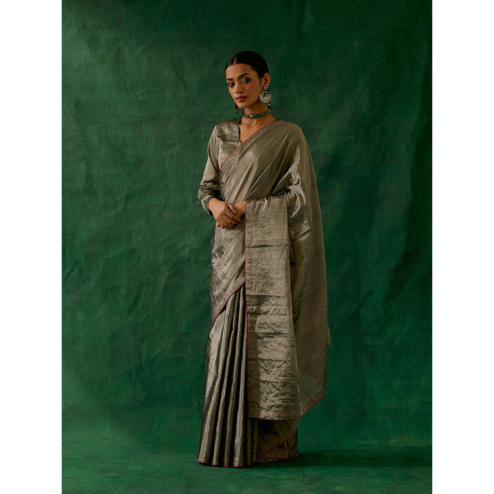 Vinusto Handcrafted Silver Zari Silk Saree with Stitched Blouse