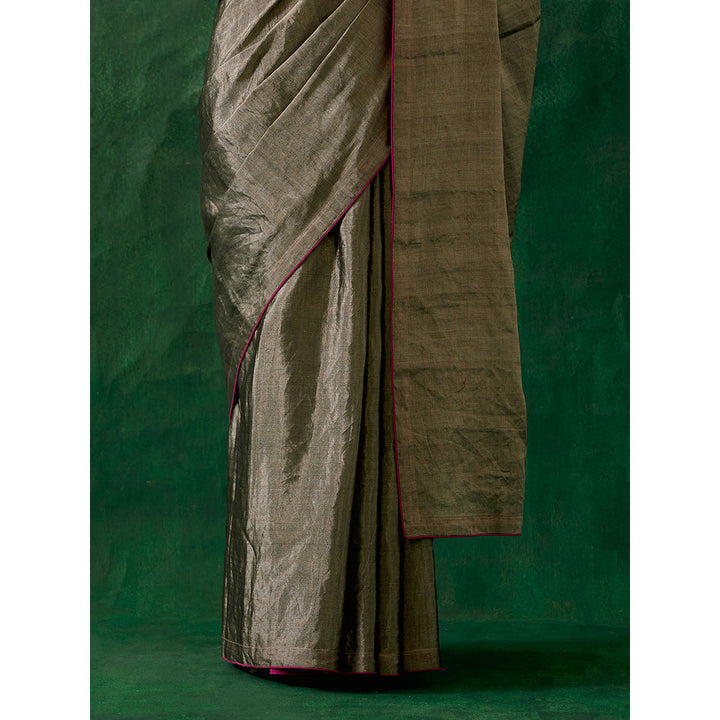 Vinusto Handcrafted Silver Zari Silk Saree with Stitched Blouse