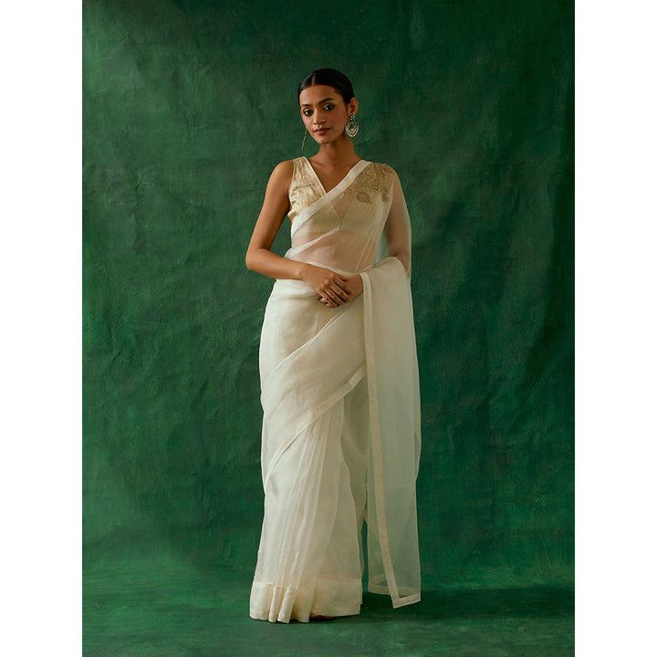 Vinusto White Embroidered Silk Saree with Stitched Blouse