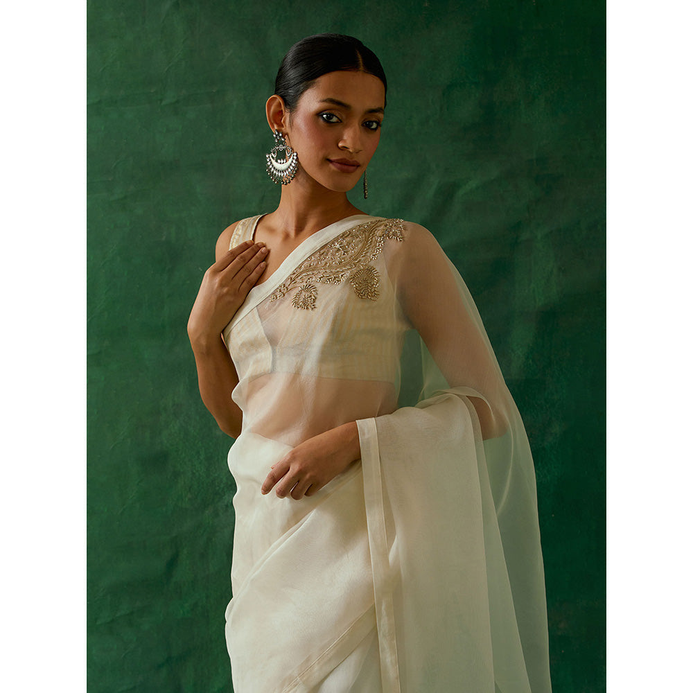 Vinusto White Embroidered Silk Saree with Stitched Blouse