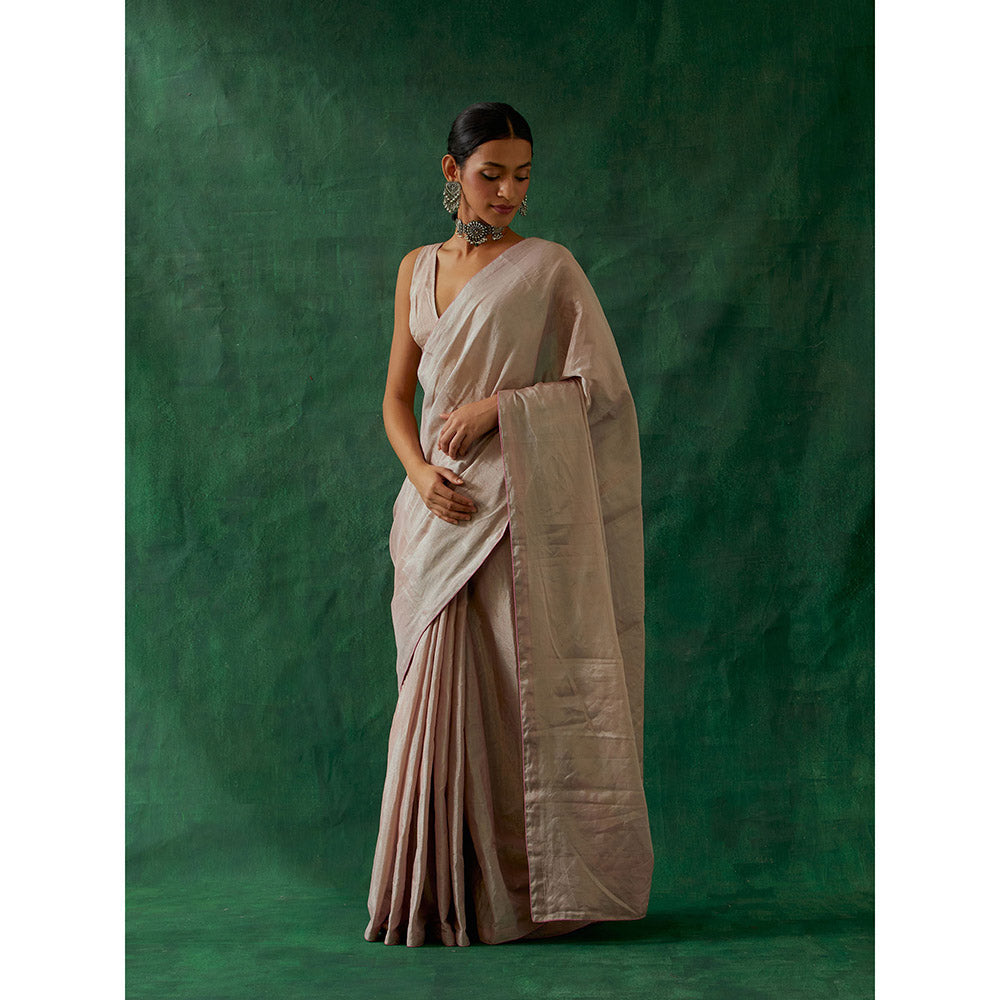 Vinusto Handcrafted Pink Zari Silk Saree with Stitched Blouse