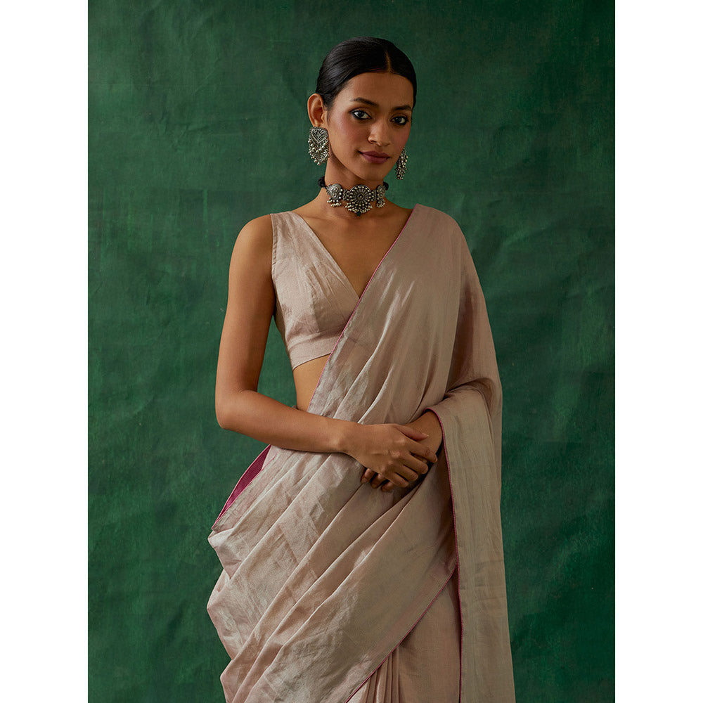 Vinusto Handcrafted Pink Zari Silk Saree with Stitched Blouse