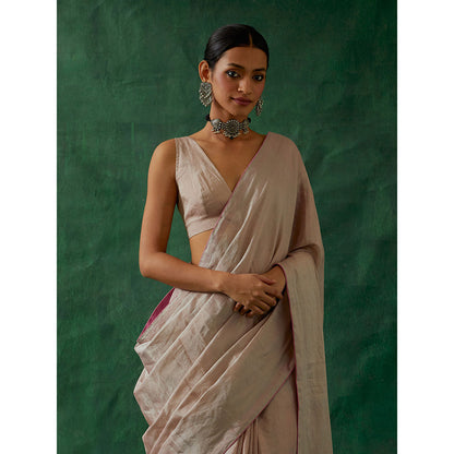 Vinusto Handcrafted Pink Zari Silk Saree with Stitched Blouse