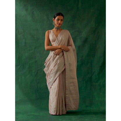 Vinusto Handcrafted Pink Zari Silk Saree with Stitched Blouse