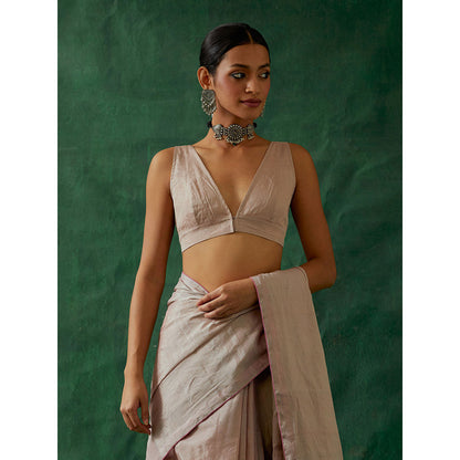 Vinusto Handcrafted Pink Zari Silk Saree with Stitched Blouse