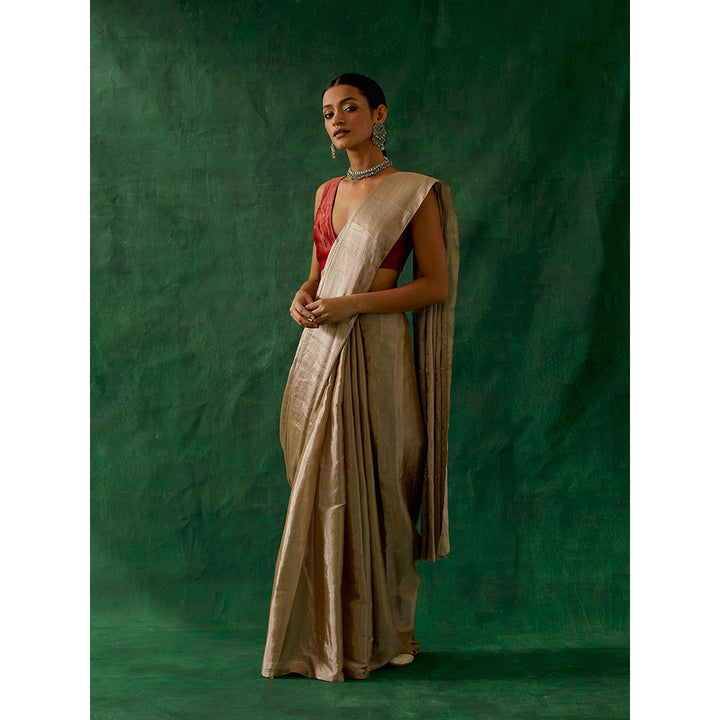 Vinusto Beige Zari Silk Saree With Chanderi Stitched Blouse