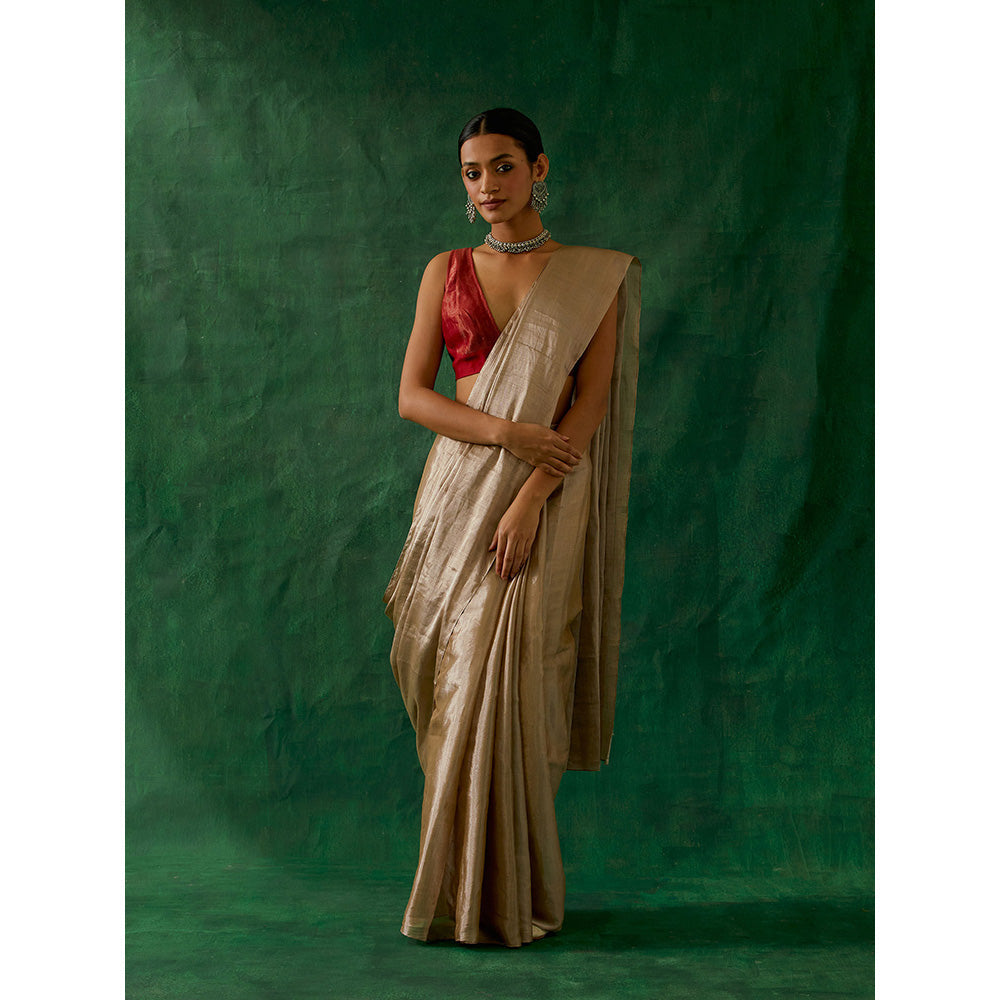 Vinusto Beige Zari Silk Saree With Chanderi Stitched Blouse