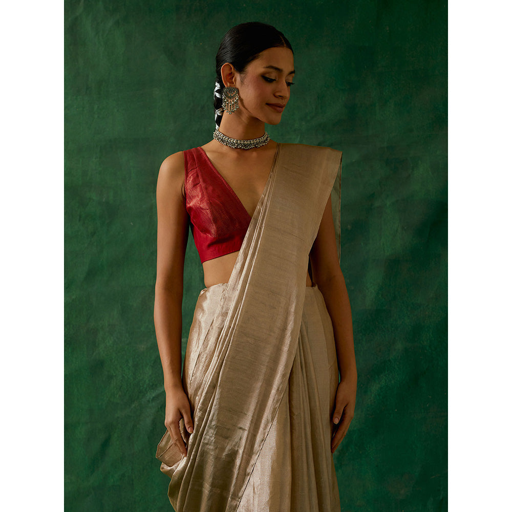 Vinusto Beige Zari Silk Saree With Chanderi Stitched Blouse