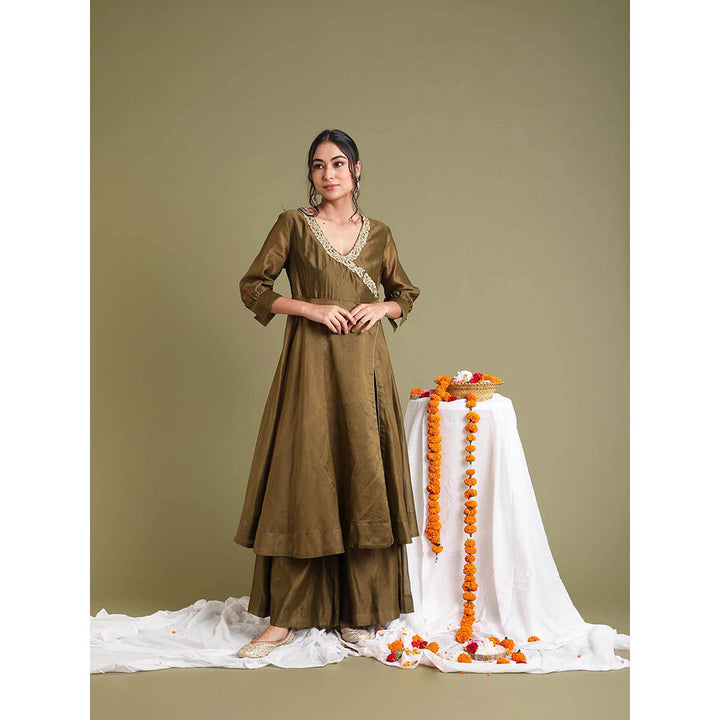 Vinusto Brown Embroidered High Slit Anarkali with Palazzo (Set of 2)