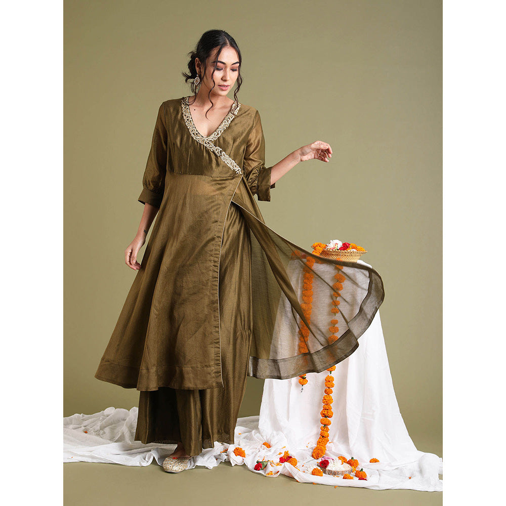 Vinusto Brown Embroidered High Slit Anarkali with Palazzo (Set of 2)