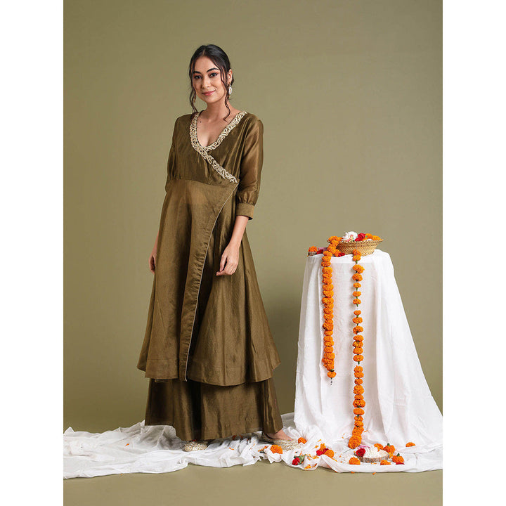 Vinusto Brown Embroidered High Slit Anarkali with Palazzo (Set of 2)