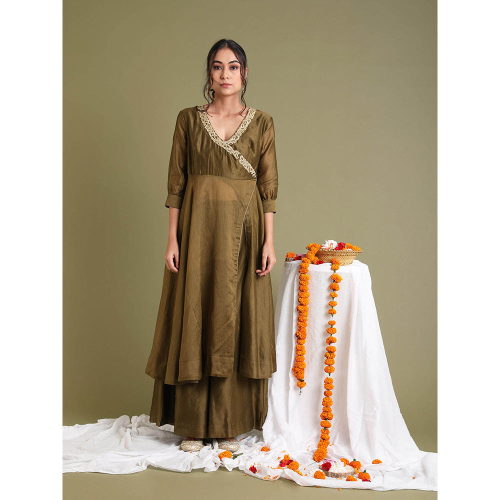 Vinusto Brown Embroidered High Slit Anarkali with Palazzo (Set of 2)